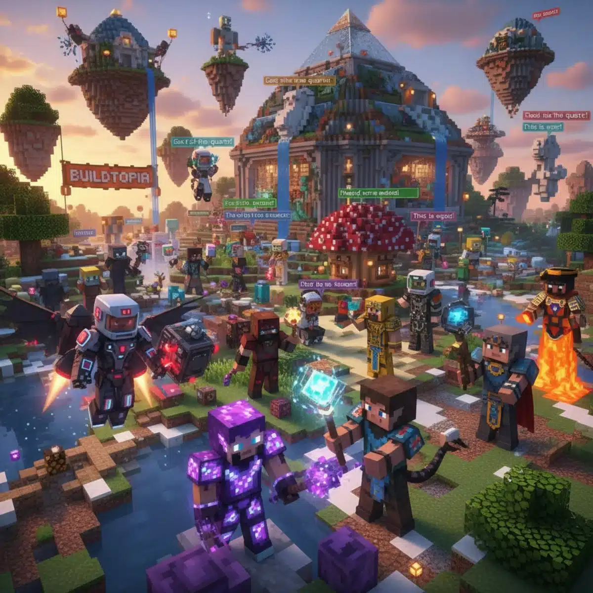 Diverse Minecraft characters with custom skins building together