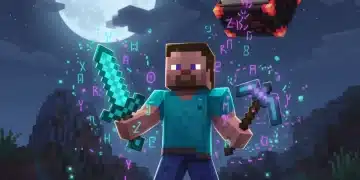 Minecraft player with enchanted diamond gear next to an enchanting table.