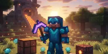 Minecraft player holding enchanted diamond pickaxe with crafting materials
