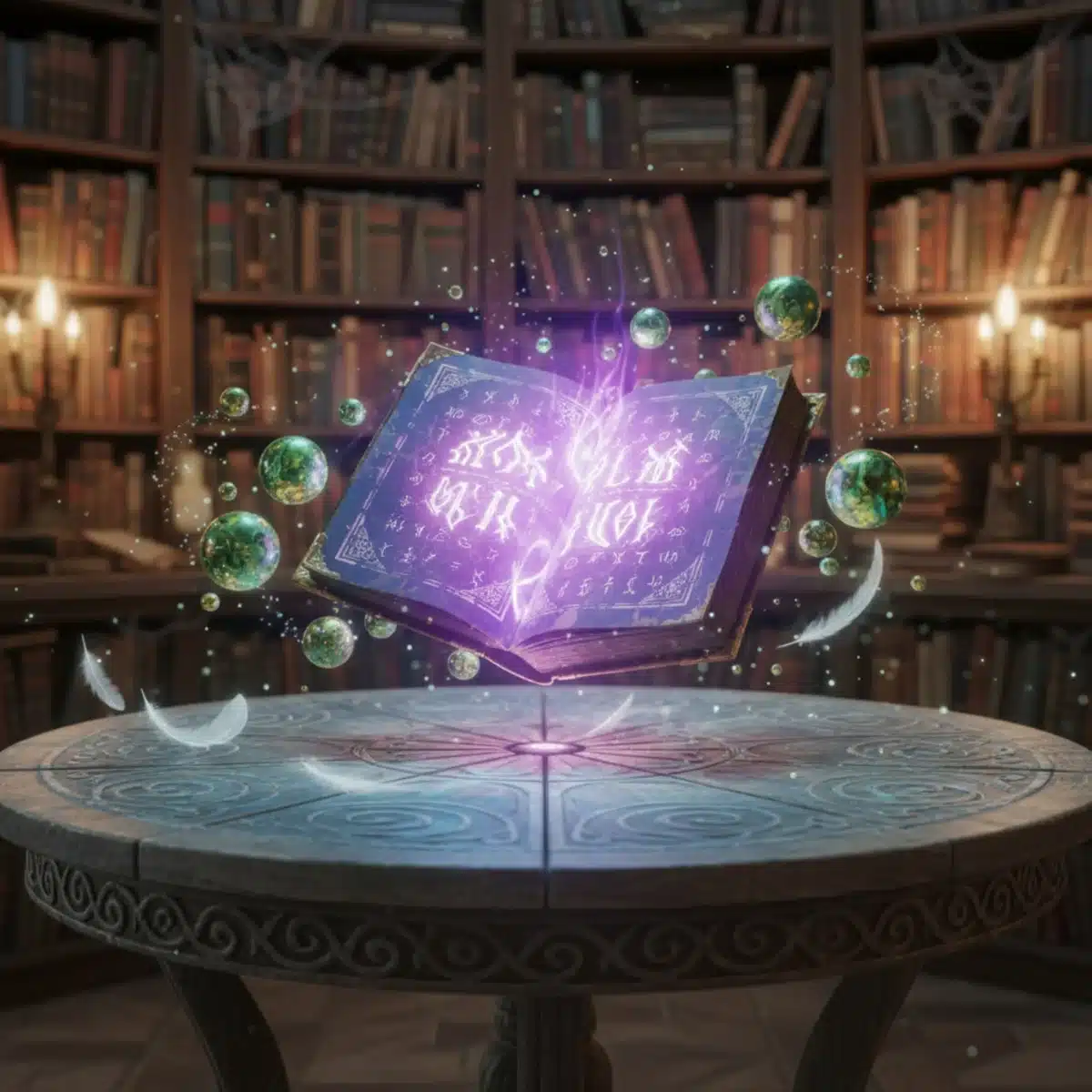 Enchanting table with book and experience orbs in Minecraft.