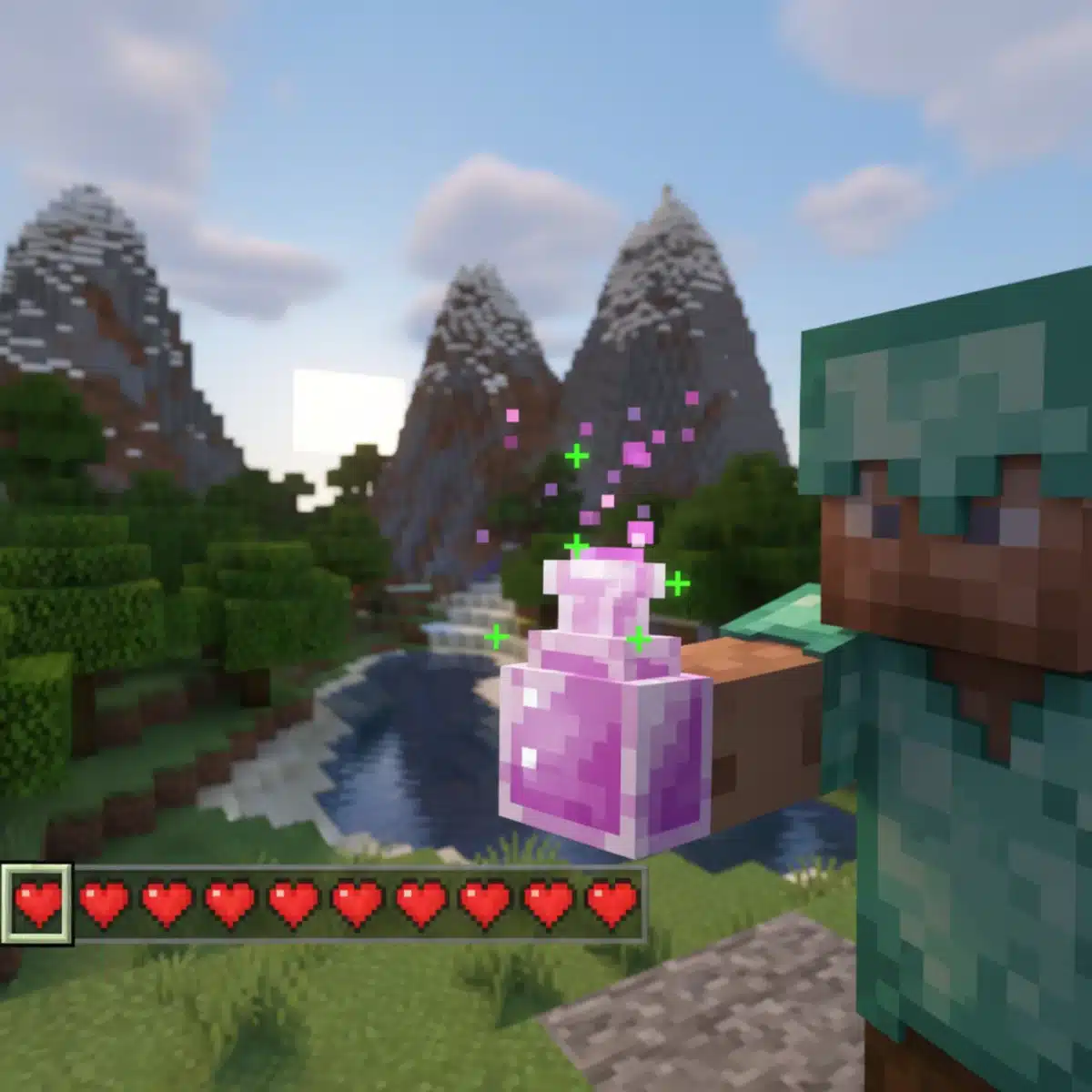 Minecraft player using a healing potion in a vibrant world