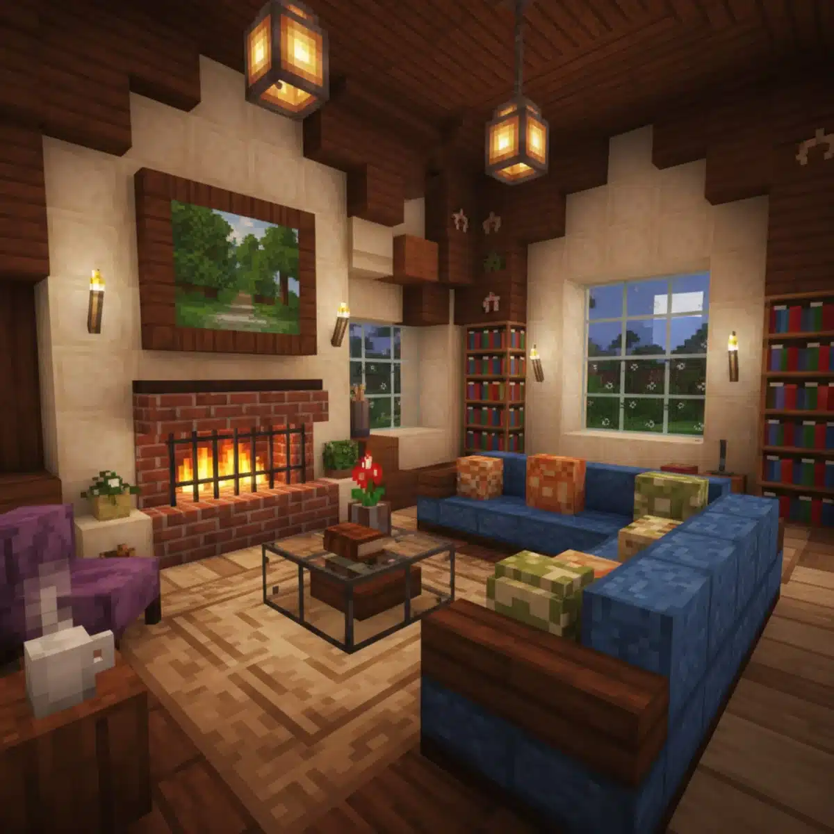 Cozy Minecraft living room interior with custom furniture and fireplace.