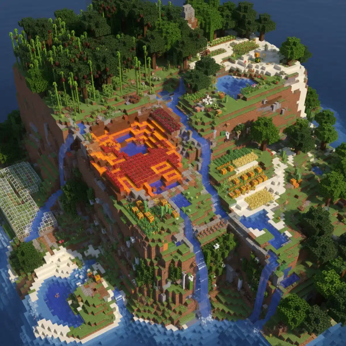 Large multi-biome Minecraft crop farm with villager