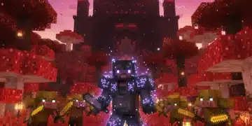 Minecraft player in netherite armor facing piglins in a crimson forest.