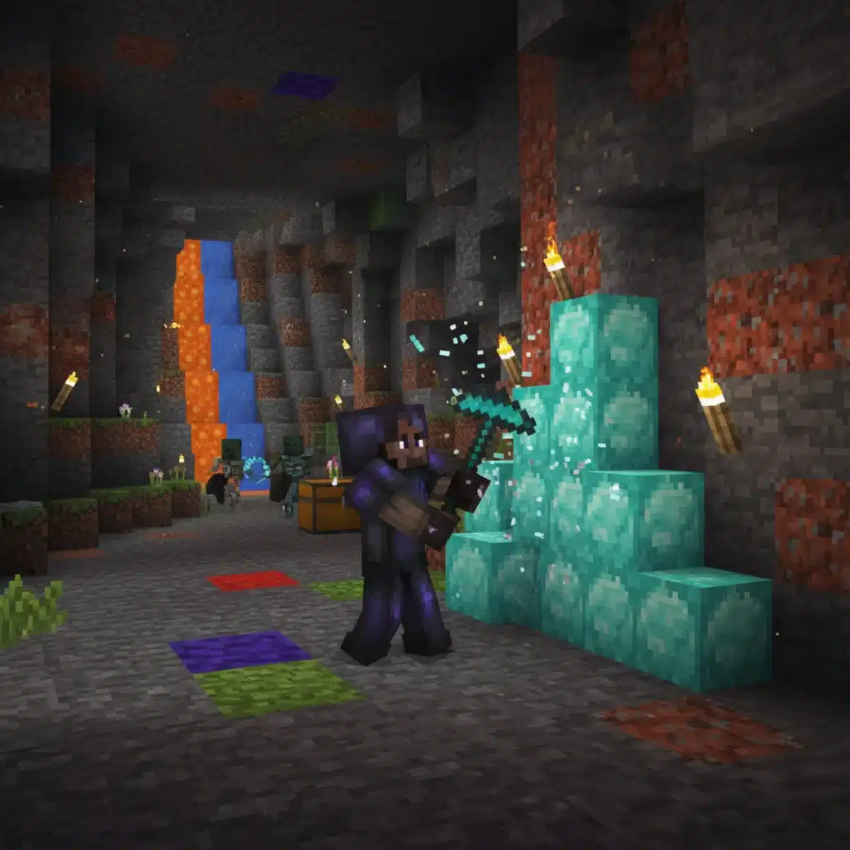 Minecraft player mining diamond ore with netherite pickaxe in a cave