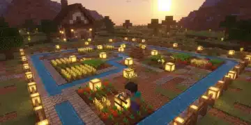 Optimized Minecraft farm with various crops at sunset