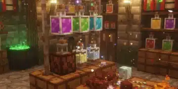 Minecraft brewing stand with colorful potions and ingredients