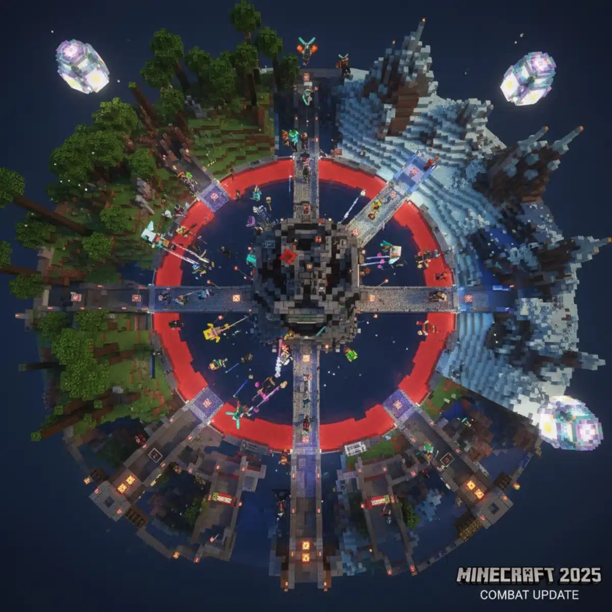 Overhead view of a Minecraft PvP arena showcasing strategic positioning