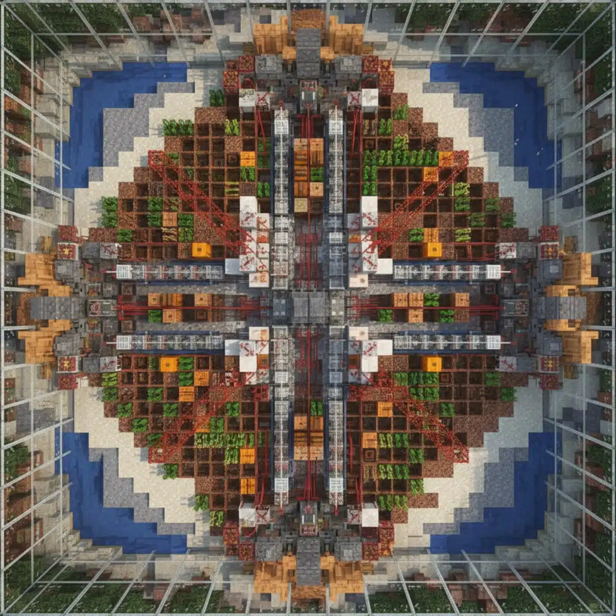 Complex Minecraft redstone farm with automated mechanisms.