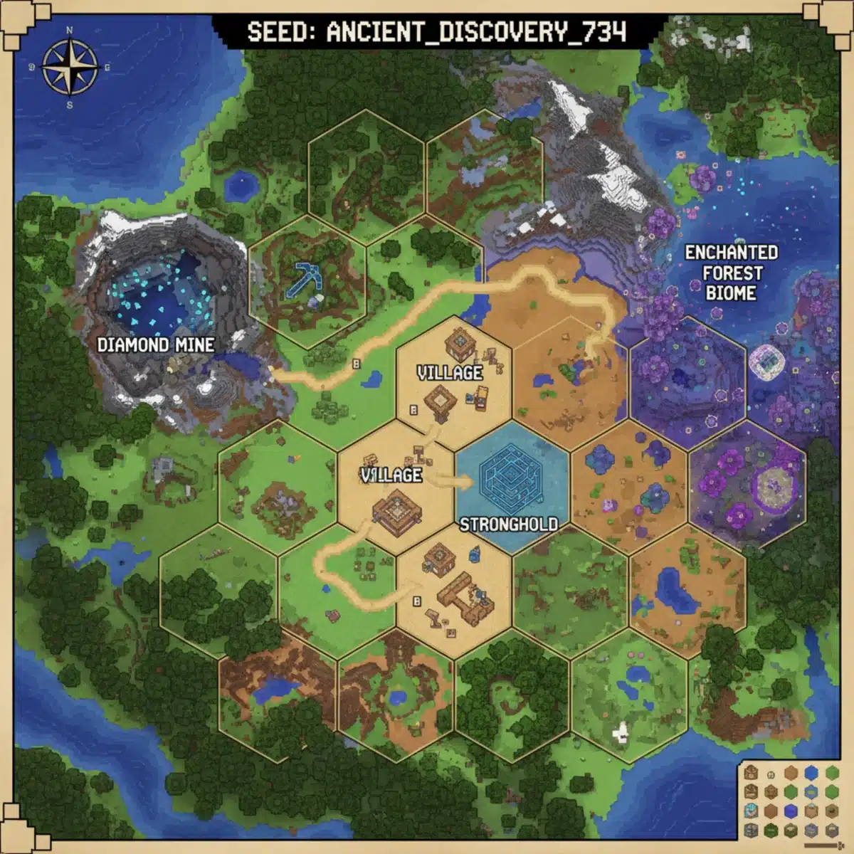 Overhead map view of a Minecraft world generated from a specific seed highlighting key points of interest