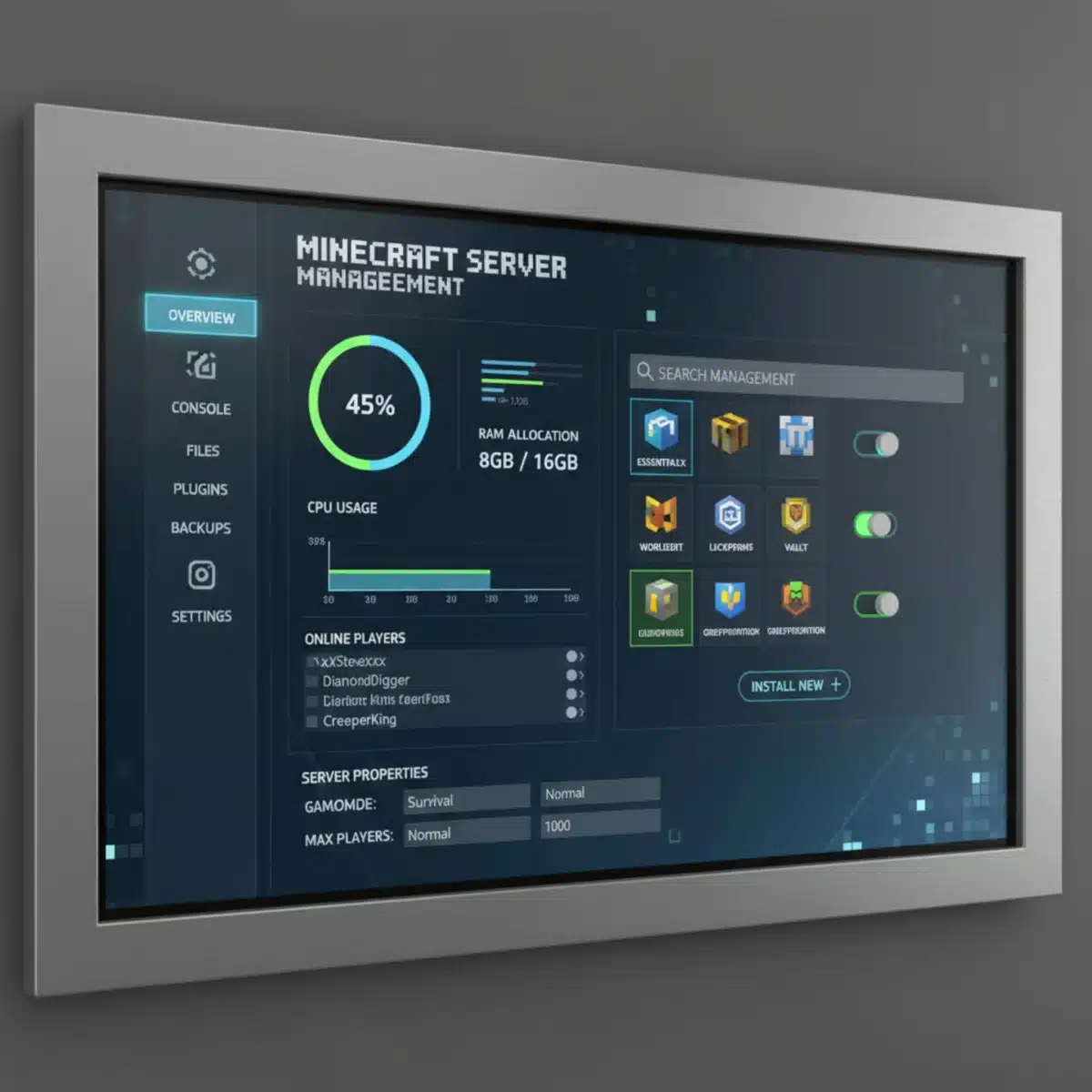 Minecraft server control panel interface showing resource allocation.