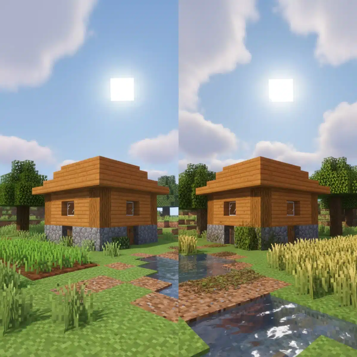 Side-by-side comparison of default Minecraft textures versus a realistic resource pack, showing visual improvement.