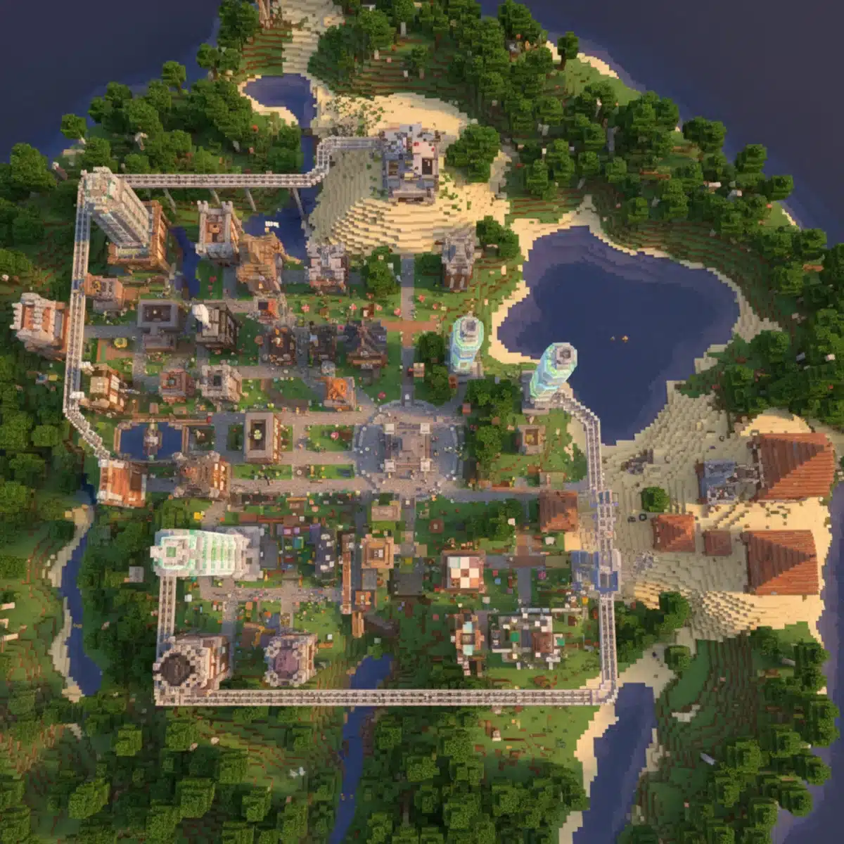 Aerial view of a Minecraft village with themed houses and landscaping.