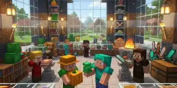Minecraft player trading with villagers in a bustling trading hall
