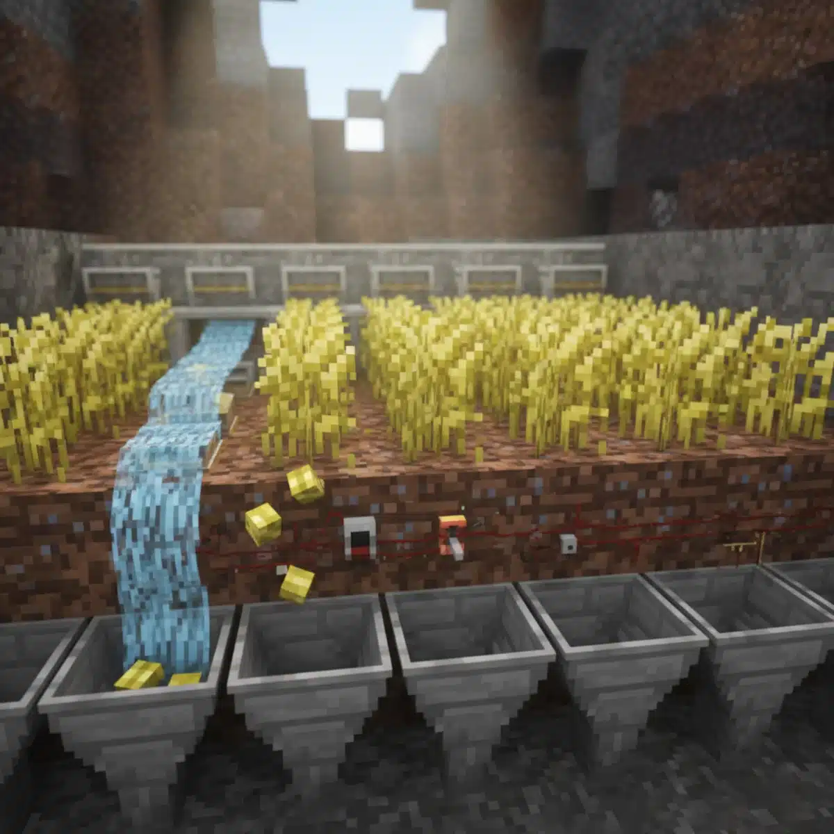 Semi-automated Minecraft wheat farm with pistons and hoppers