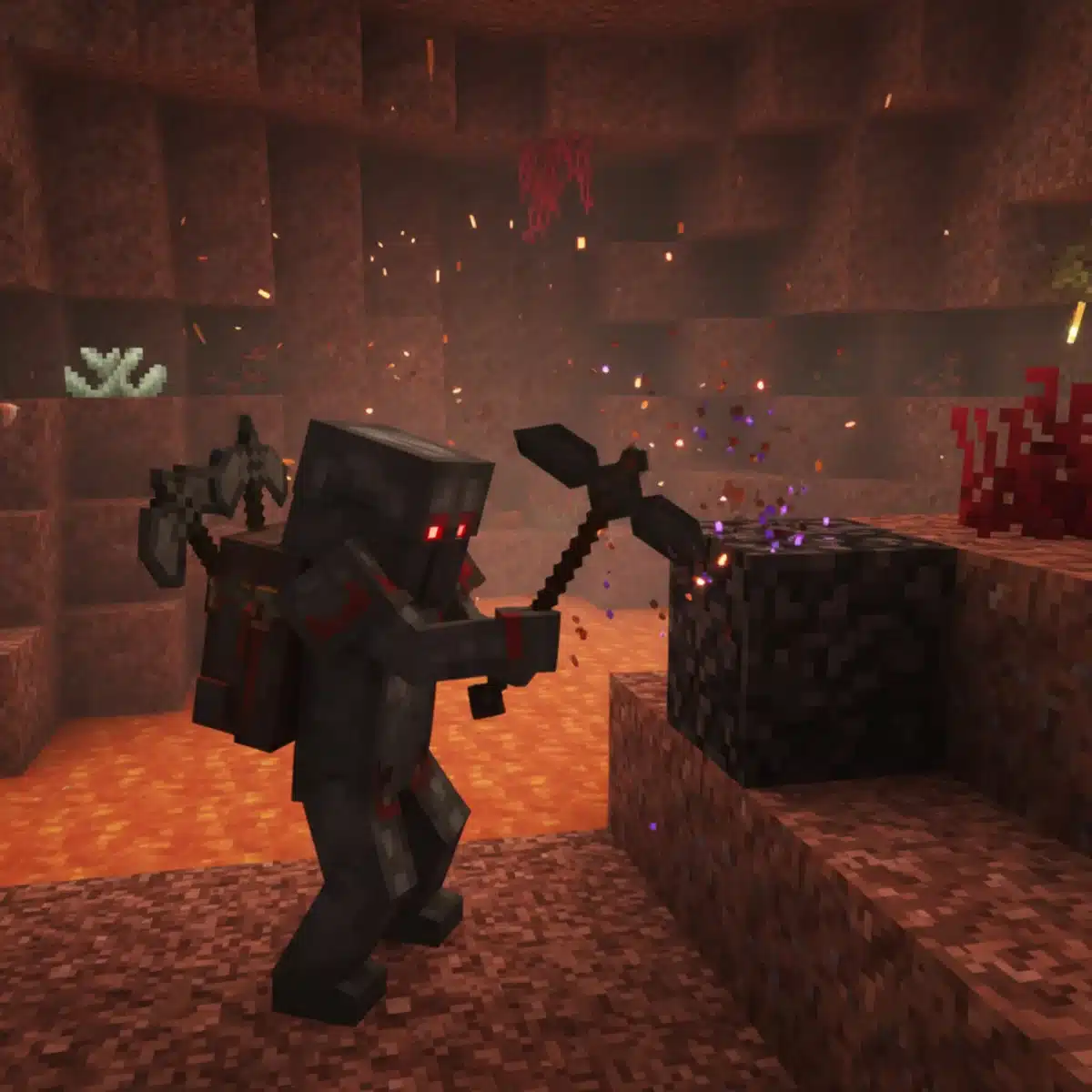 Player mining ancient debris in Nether