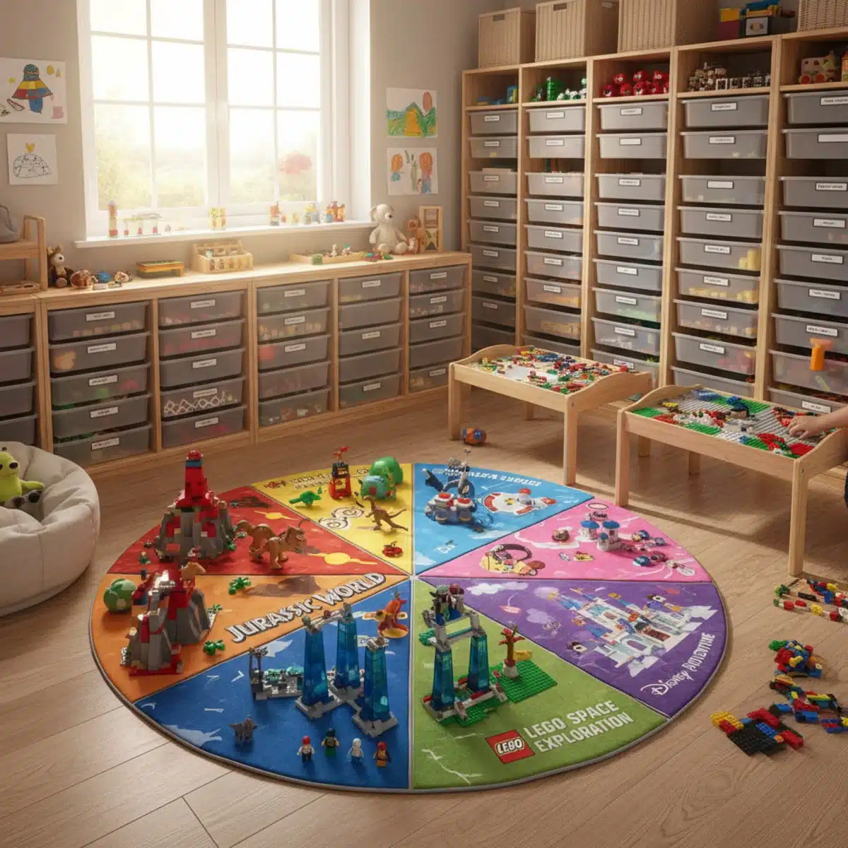 Modular Lego storage units in a child's playroom