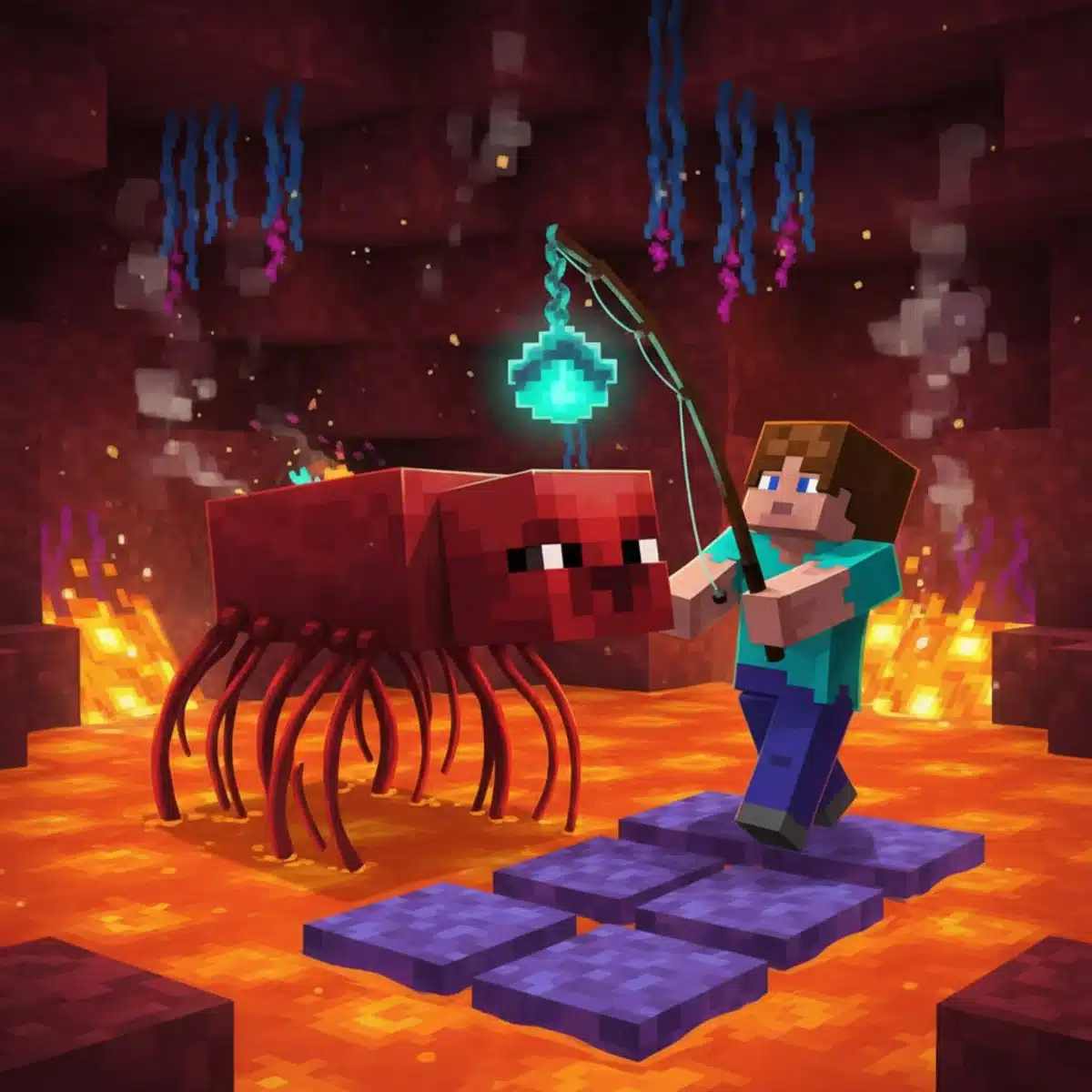 Player riding a strider across a lava lake in Minecraft Nether.