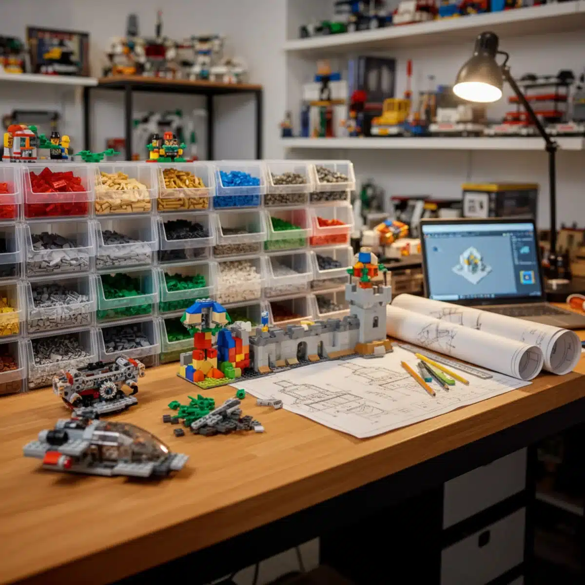 Organized Lego building area with sorted bricks and ongoing projects