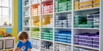 Organized Lego collection in clear containers on shelves