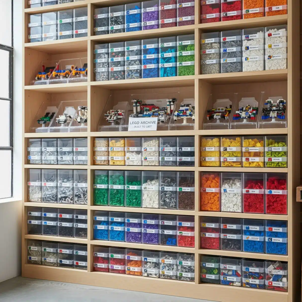 Organized Lego bricks in clear storage containers