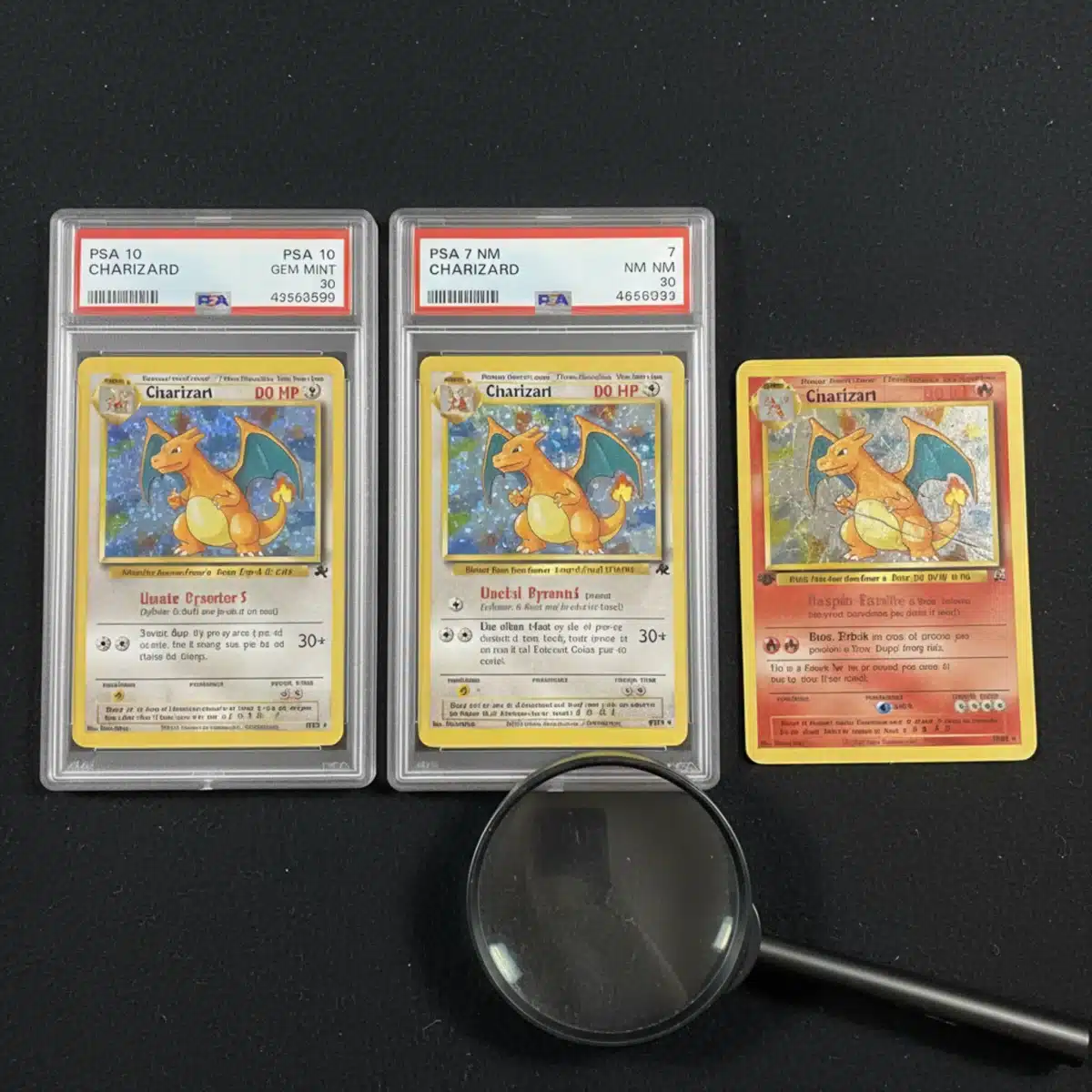 Visual comparison of Pokémon cards with varying grades, highlighting differences in condition and value.
