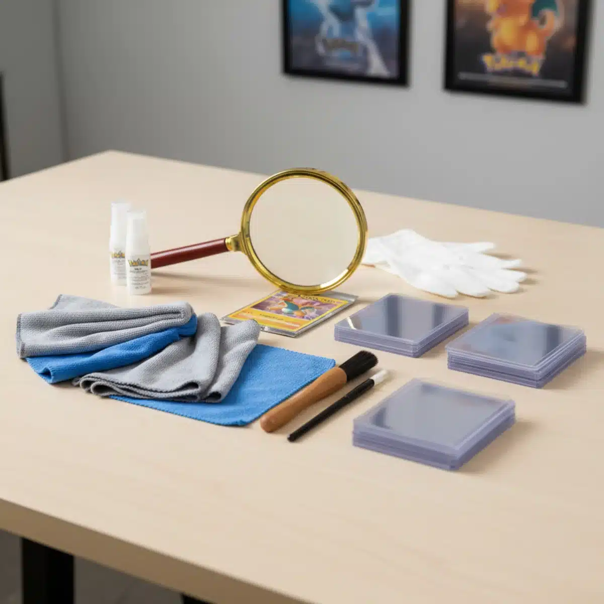 Essential tools for preparing Pokémon cards for professional grading, including sleeves and cleaning supplies.