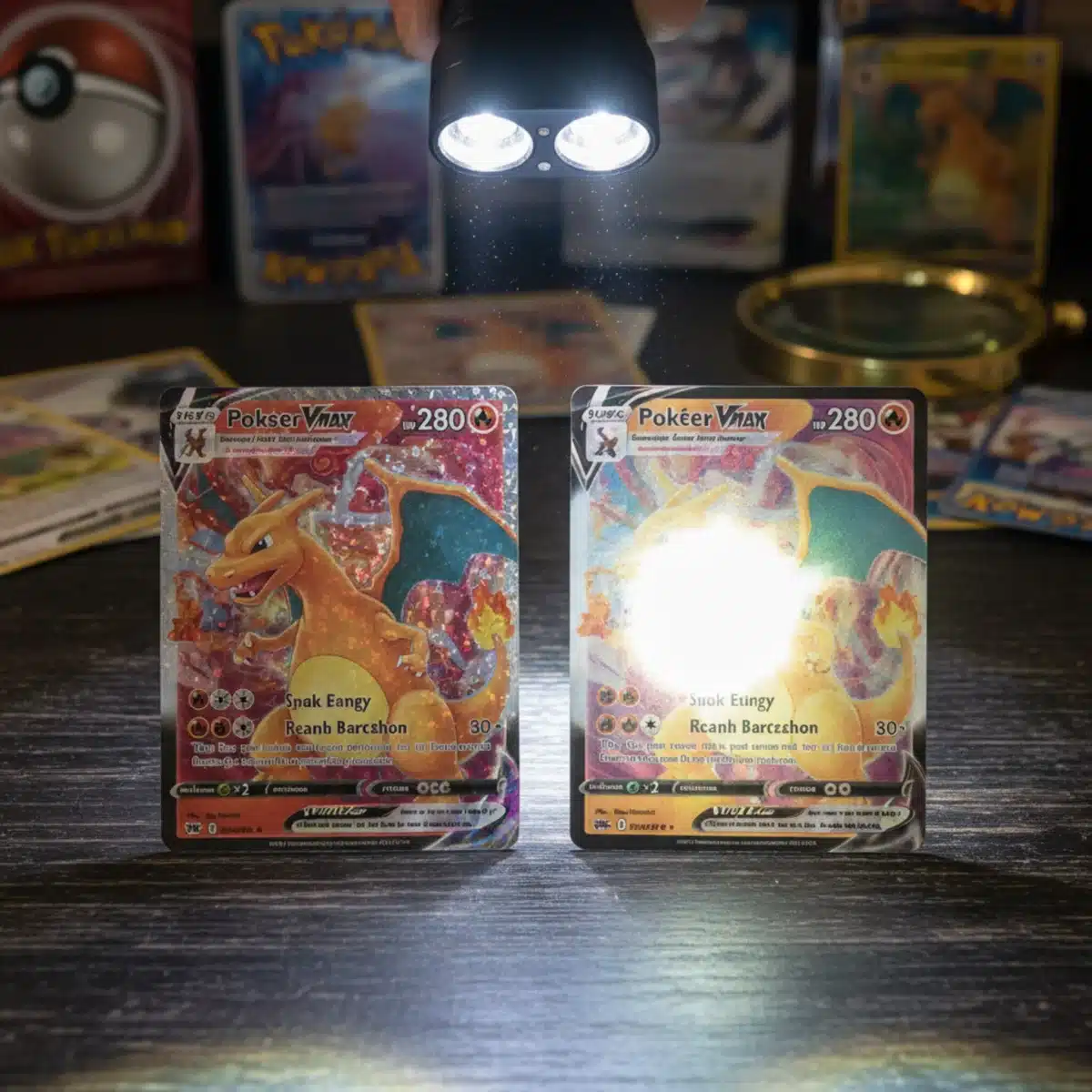 Performing a light test on Pokémon cards to check for authenticity, showing how light passes through.