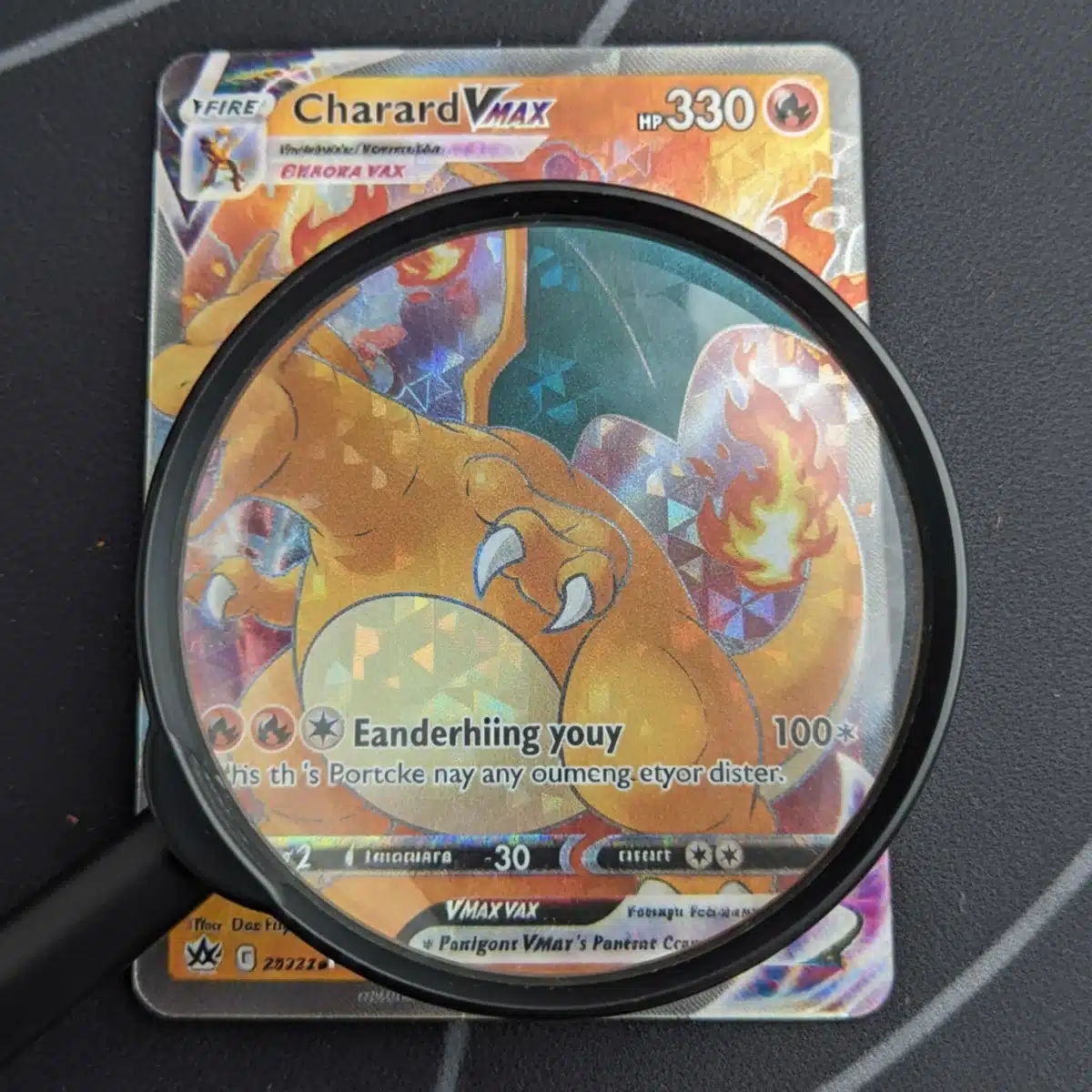 Close-up inspection of a holographic Pokémon card for texture and print errors using a magnifying glass.