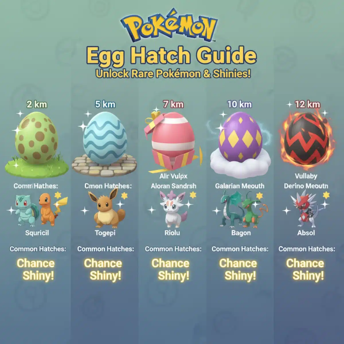 Infographic of Pokémon GO egg types and potential shiny hatches