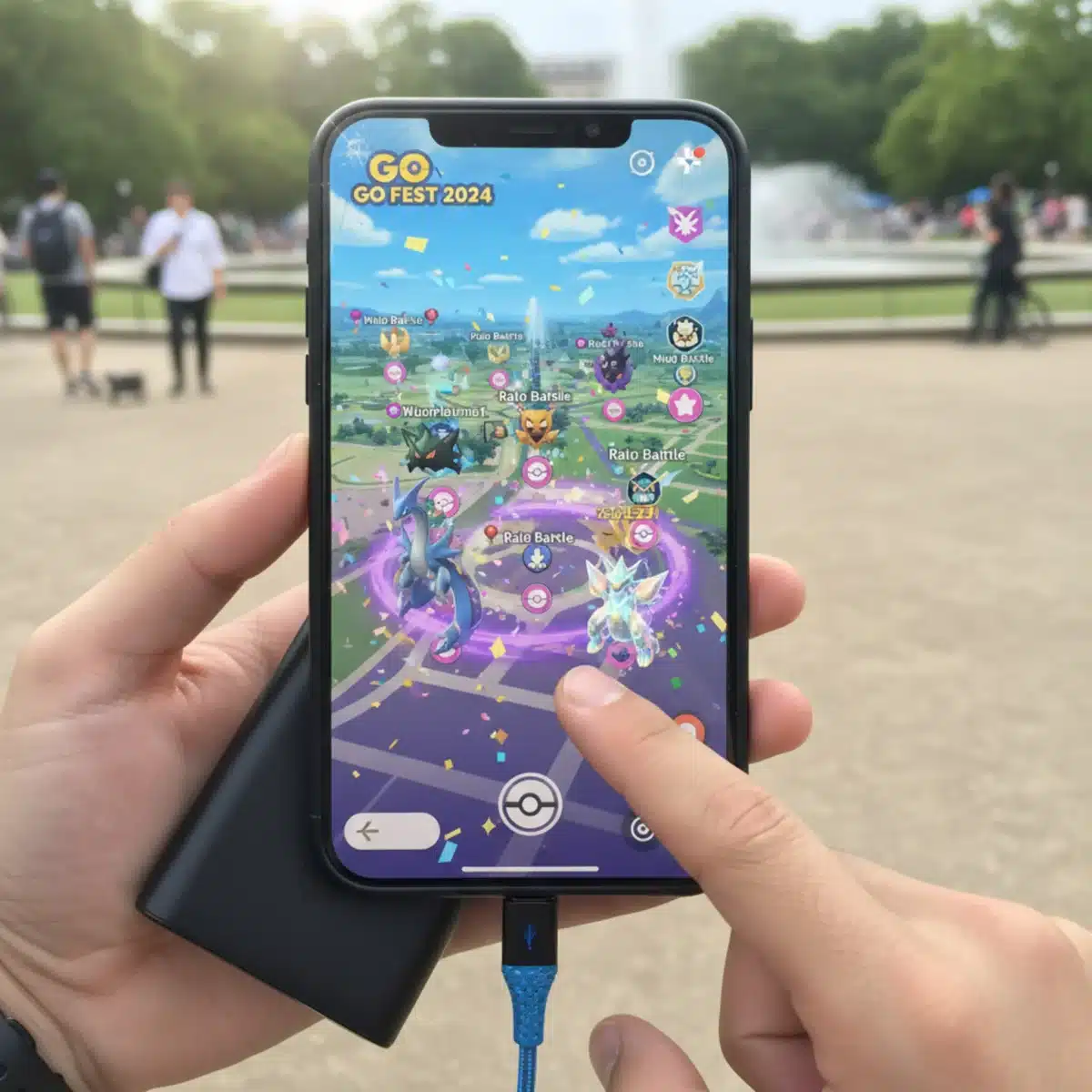 Smartphone displaying Pokemon Go map with rare Pokemon, connected to a portable charger.