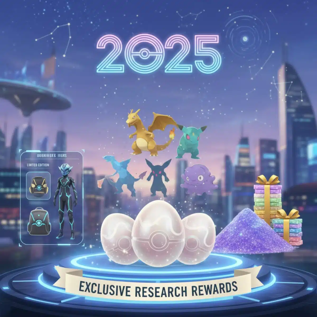 Exclusive rewards from 2025 Pokémon GO research tasks including rare Pokémon and items.
