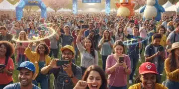 Pokemon Go Fest attendees enjoying the outdoor event in a park, focusing on their phones.