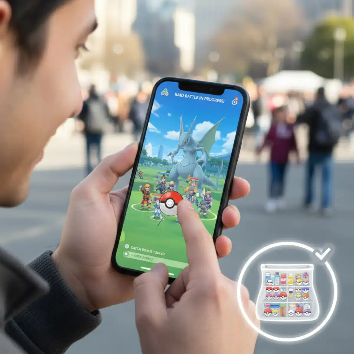 Pokemon GO player engaged in gameplay with an optimized item bag ready for action