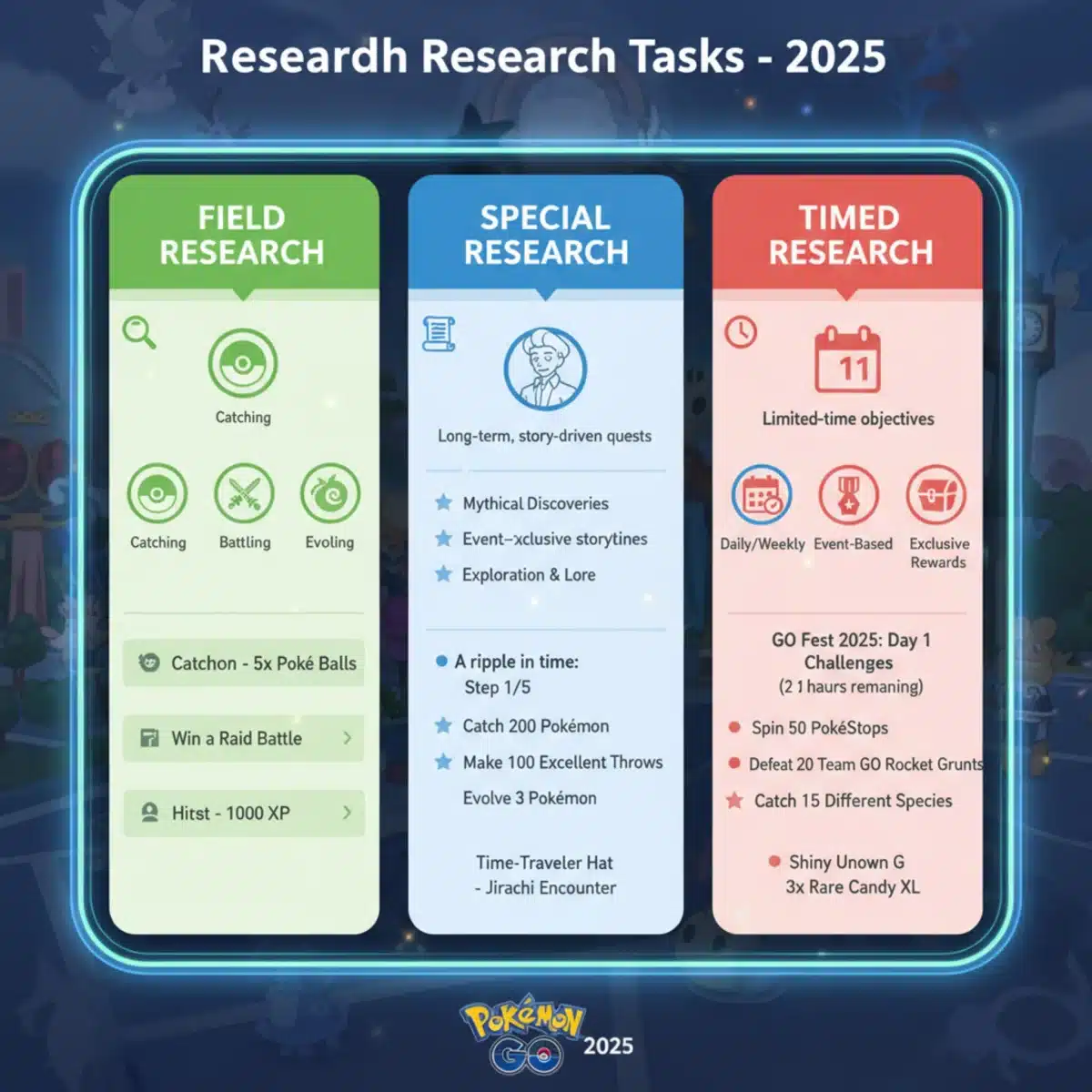 Infographic detailing various 2025 Pokémon GO research task types and objectives.