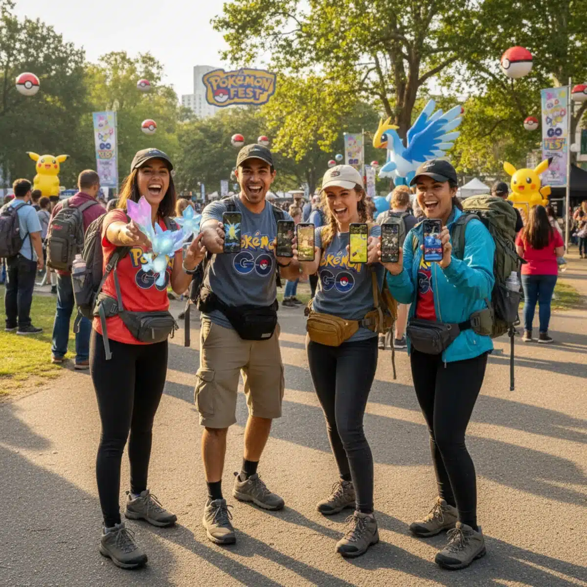 Friends showing off rare Pokemon catches at Pokemon Go Fest, dressed for comfort.