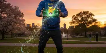 Pokémon GO player collecting Stardust during a special event, with an illuminated smartphone screen showing game details.