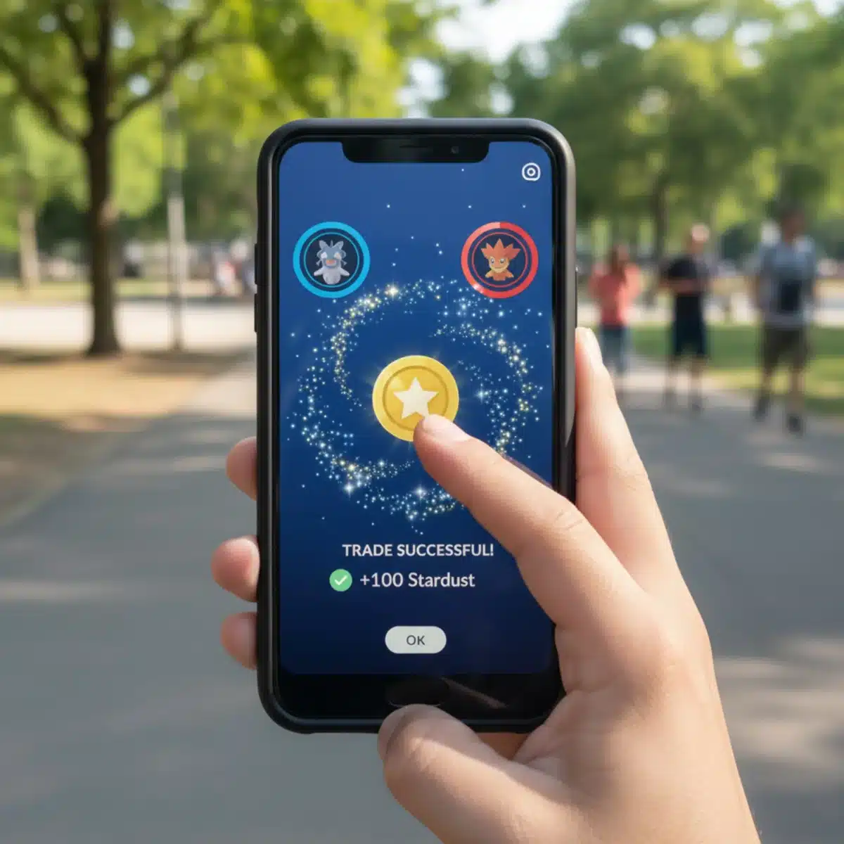 Pokémon GO players engaging in a trade, highlighting the Stardust cost and potential gains from trading Pokémon.