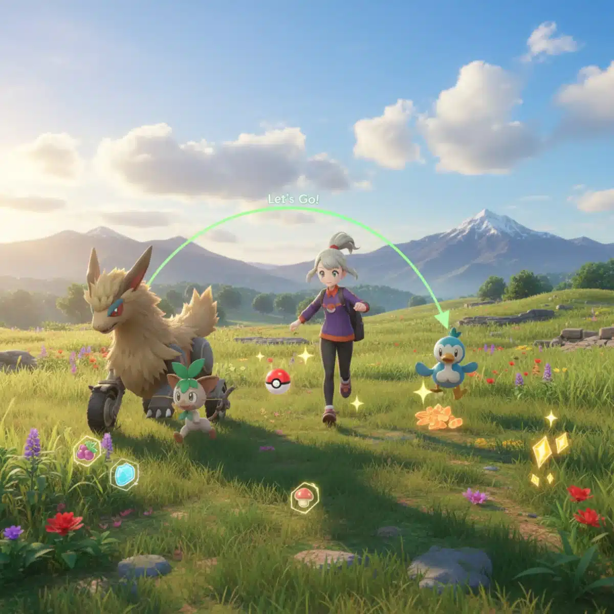 Pokémon Scarlet and Violet trainer using Let's Go! feature to find items