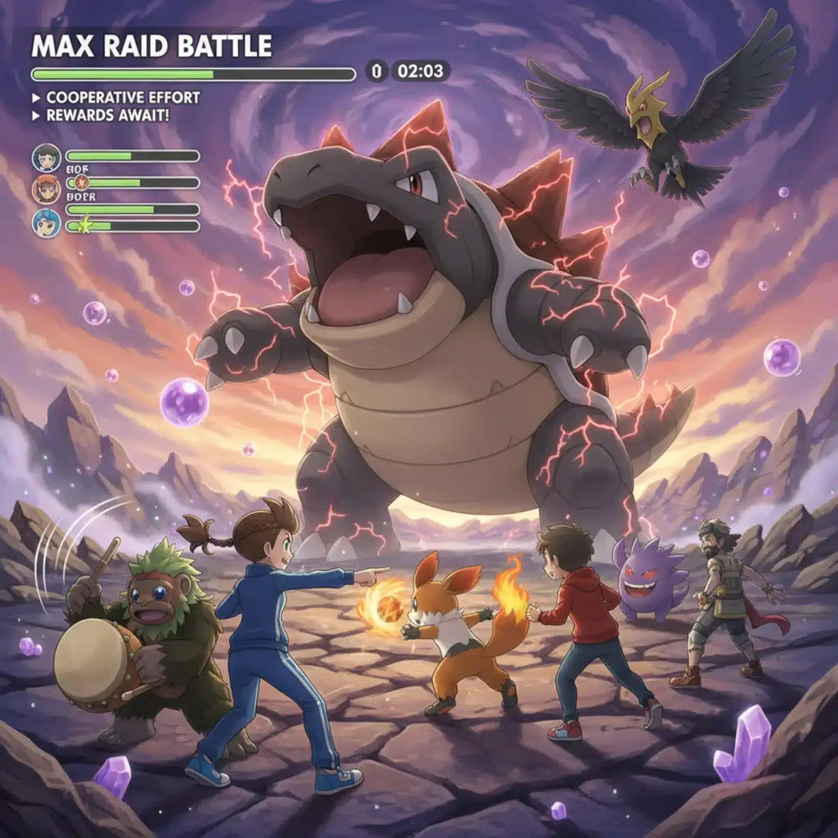 Trainers collaborating in a Max Raid Battle in Pokémon Sword and Shield.