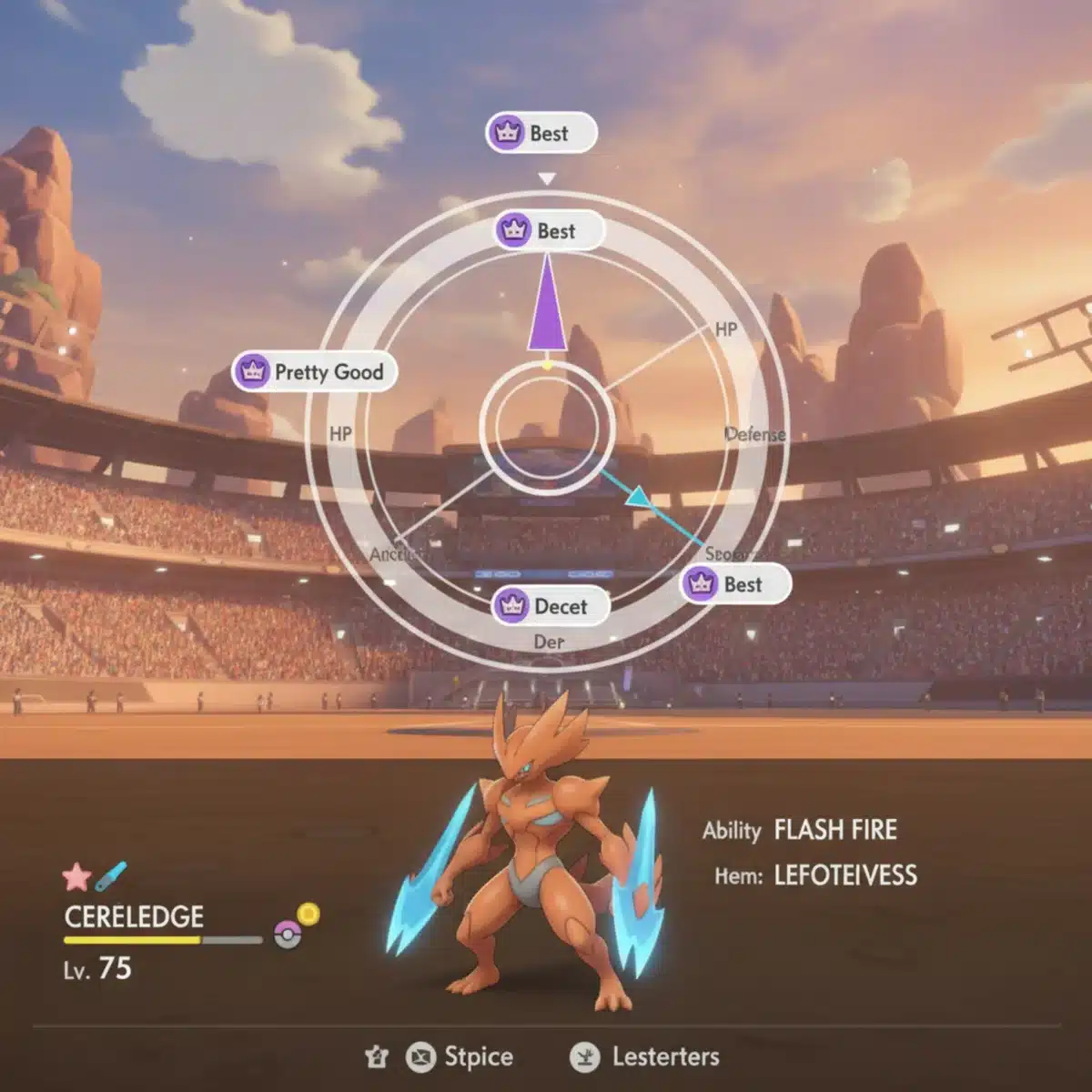 Pokémon's stat summary screen in Scarlet and Violet with the Judge function displaying IVs, showing 'Best' and other ratings.