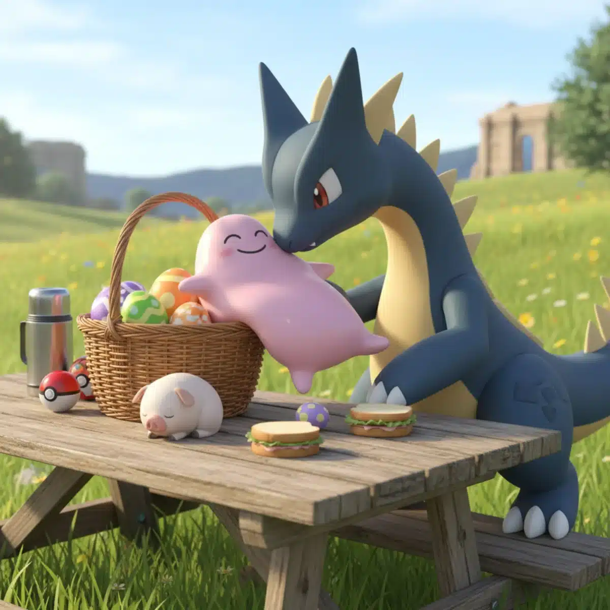 Ditto and another Pokémon at a picnic table, surrounded by Pokémon eggs, illustrating the breeding process.