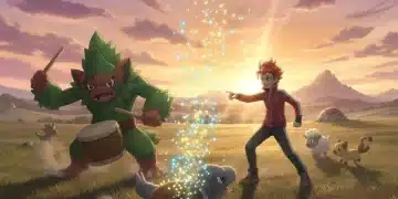 Trainer and Pokémon battling in the Wild Area, gaining experience points quickly.