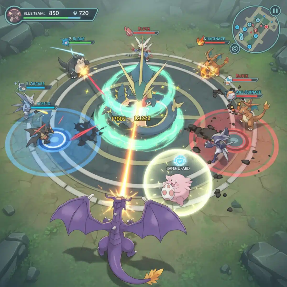 Team fight around Rayquaza pit with Dragonite and Blissey in Pokémon Unite