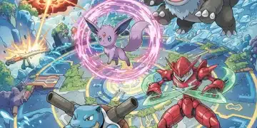 Four underutilized Pokémon Unite characters, Blastoise, Scizor, Espeon, and Mamoswine, ready for battle on a vibrant arena.