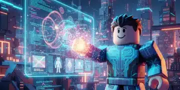 Roblox AI Integration: Game Dev Changes by 2025 Futuristic Roblox avatar interacting with AI game development tools