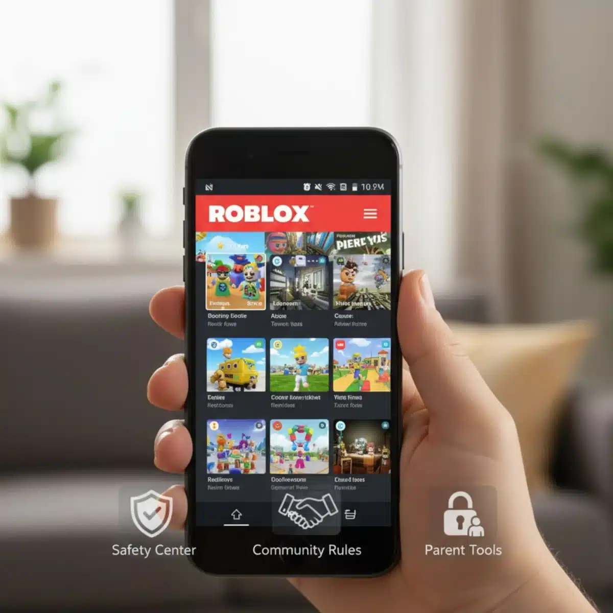 Roblox app on smartphone highlighting safety features