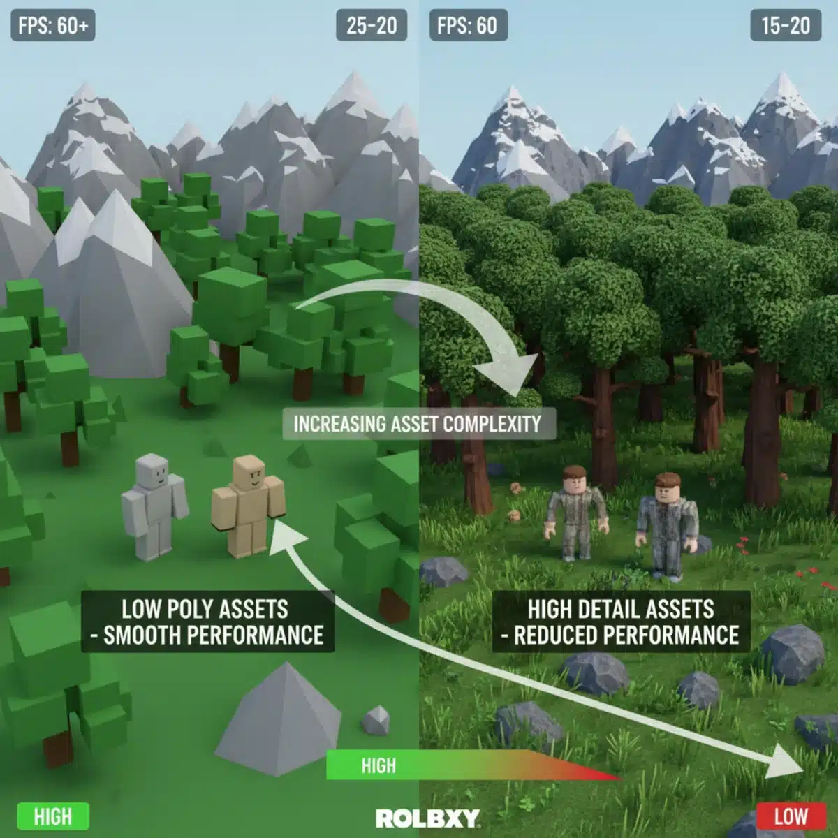 Comparison of high-detail and low-poly Roblox game assets, demonstrating asset optimization.