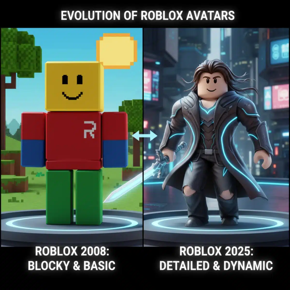 Evolution of Roblox avatars: old blocky vs. new detailed 2025 version