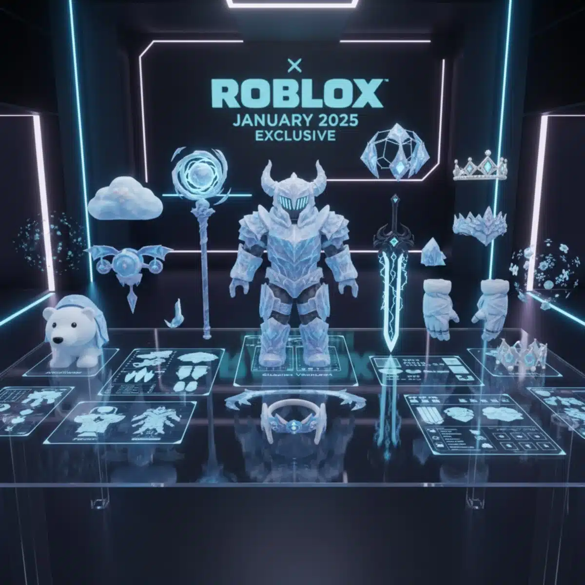 Concept art and 3D models of exclusive Roblox collaboration items and outfits
